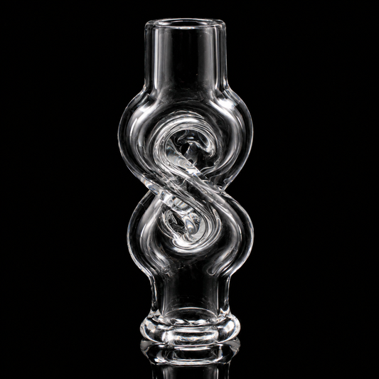 A clear figure-8 glass mouthpiece compatible with the Puffco Pivot