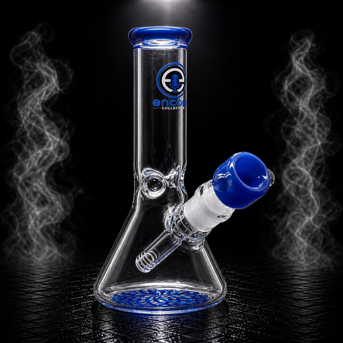 An Encore mini beaker bong with a blue reticello base