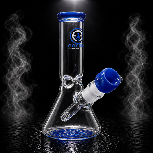 An Encore mini beaker bong with a blue reticello base