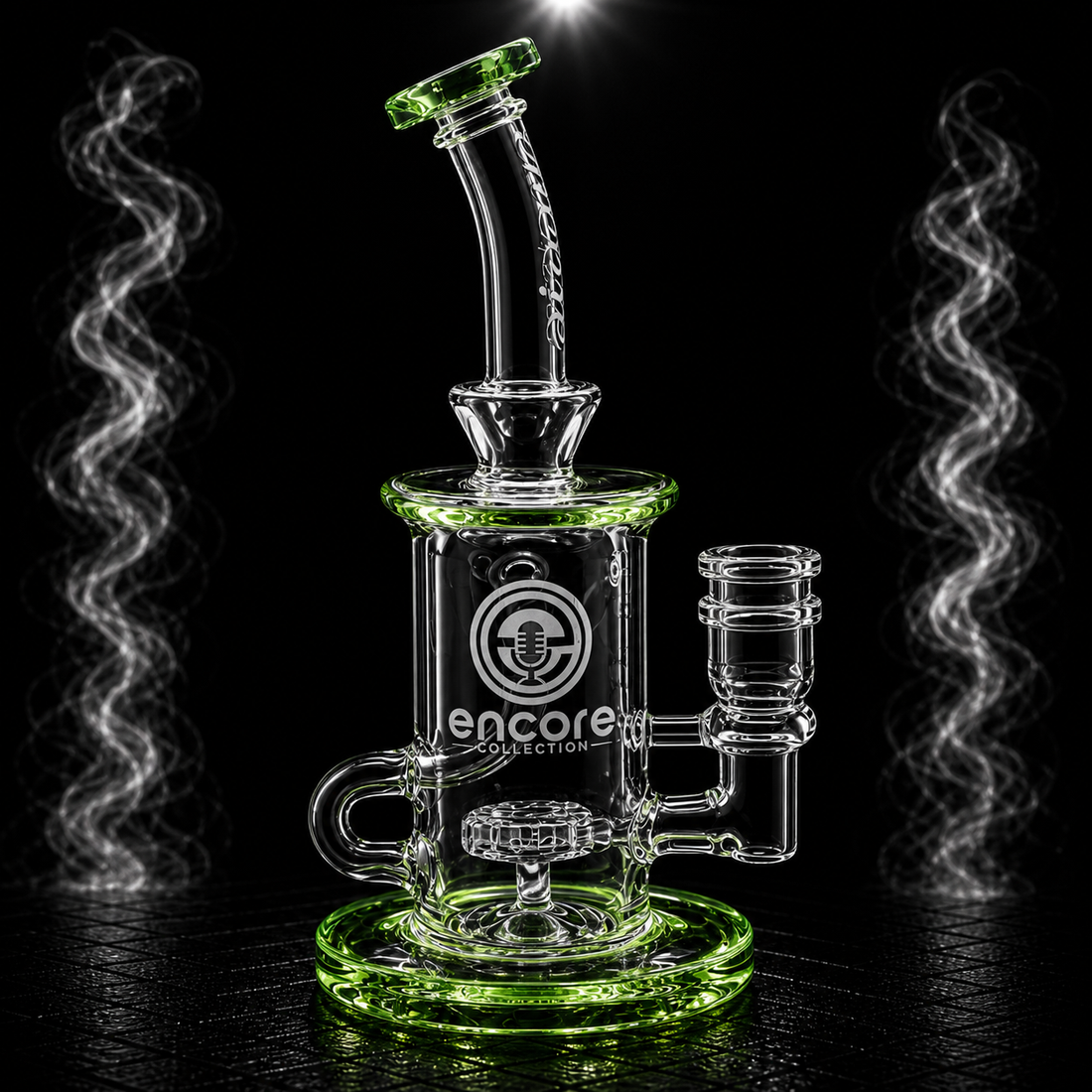 Encore 6.5 inch green incycler dab rig with showerhead perc and quartz banger