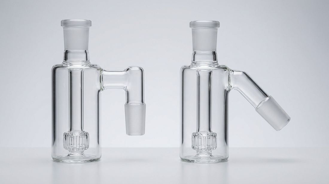 A 90 degree ash catcher beside a 45 degree ash catcher showing the joint angle difference
