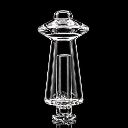A clear UFO perc glass mouthpiece for the Puffco Pivot