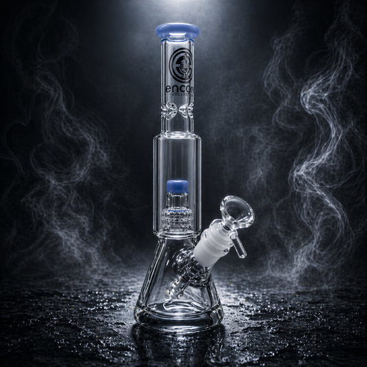 Encore 9 inch mini diamond pounder matrix perc beaker bong with blue accents