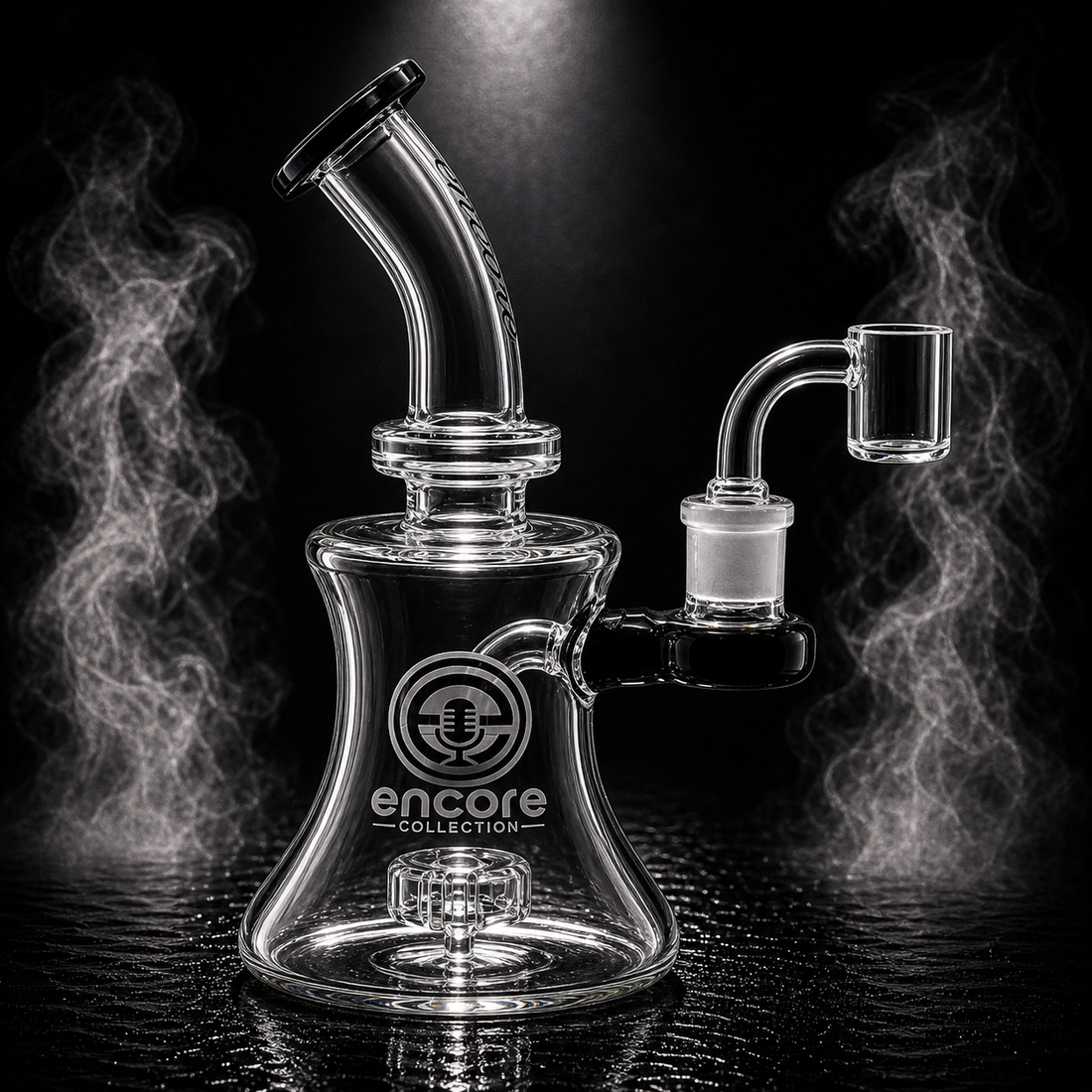 Encore 7 inch hourglass banger hanger dab rig with black mouthpiece and quartz banger