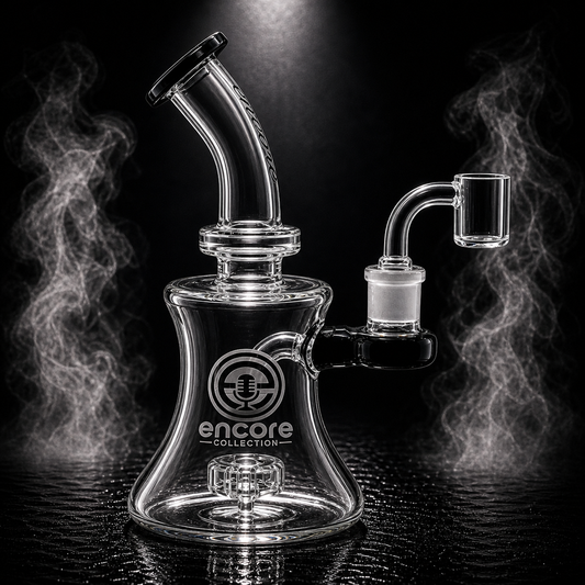 Encore 7 inch hourglass banger hanger dab rig with black mouthpiece and quartz banger