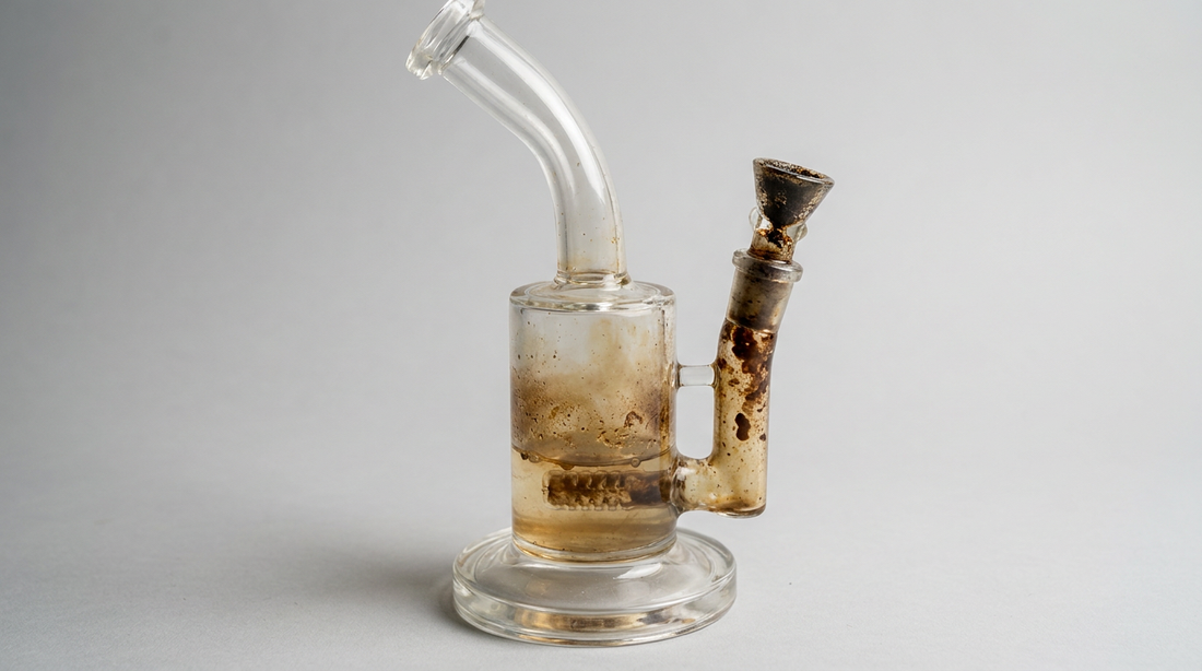 A bong with brown-stained water and heavy brown resin buildup inside the glass