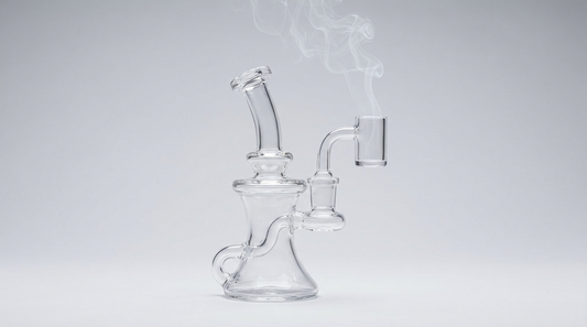 Clear glass dab rig with a quartz banger and light vapor