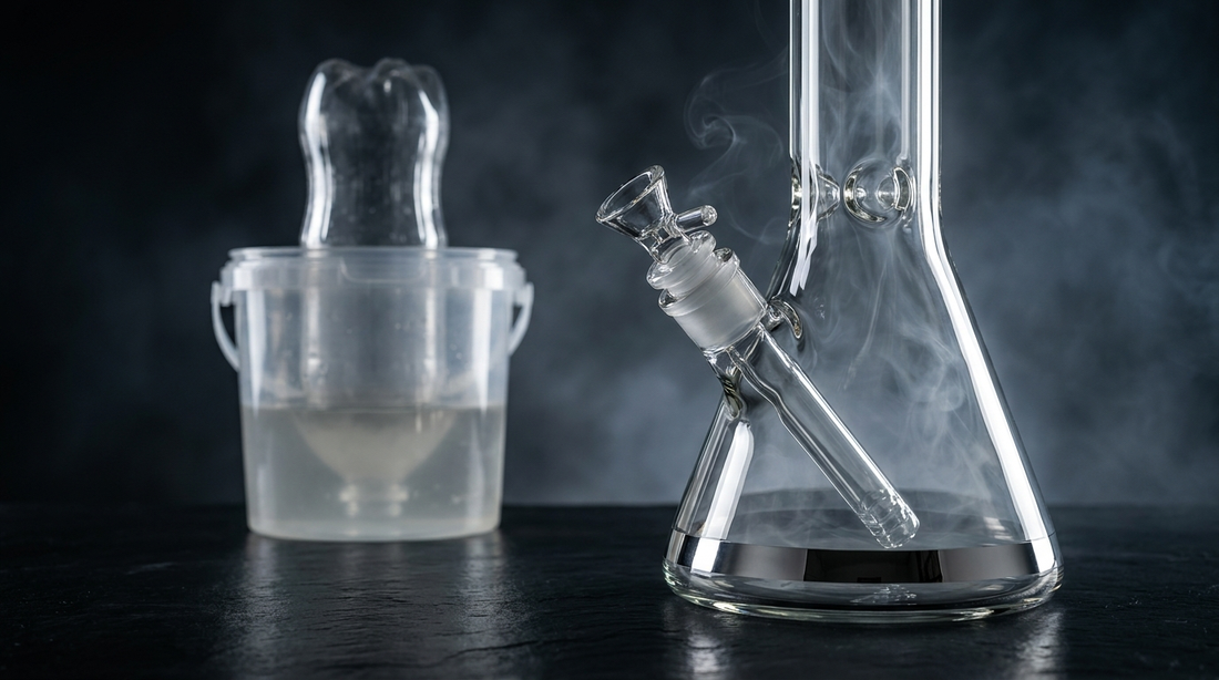 DIY gravity bong made from a 2-liter bottle next to a premium glass bong on slate countertop