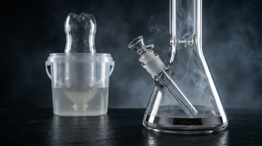 DIY gravity bong made from a 2-liter bottle next to a premium glass bong on slate countertop