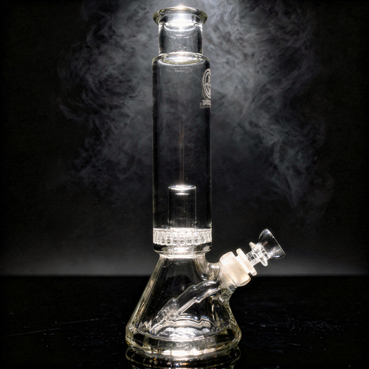 An Encore Diamond Pounder beaker bong with a ratchet perc