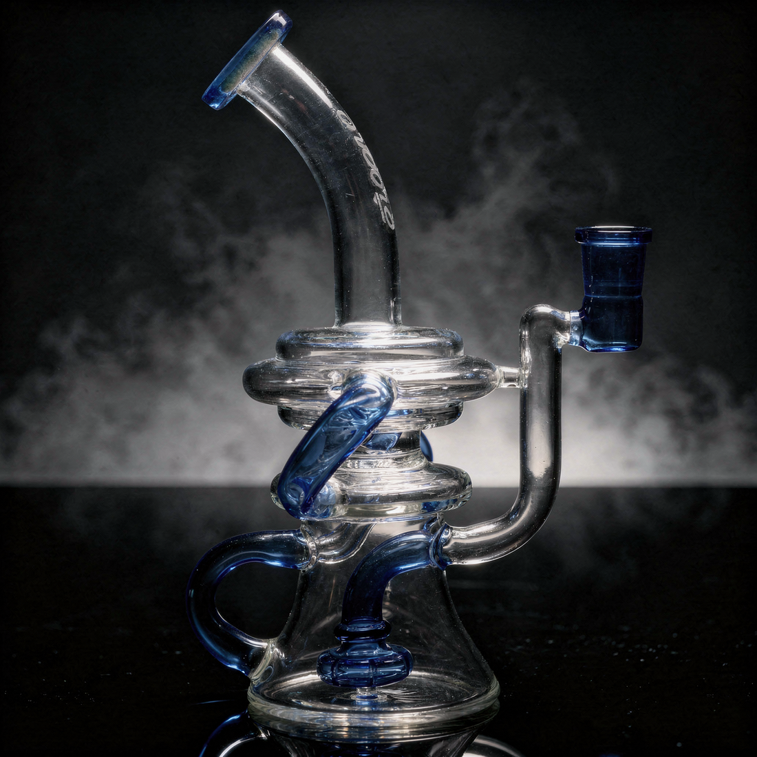 An Encore 8.5-inch double uptake Klein recycler dab rig with showerhead perc