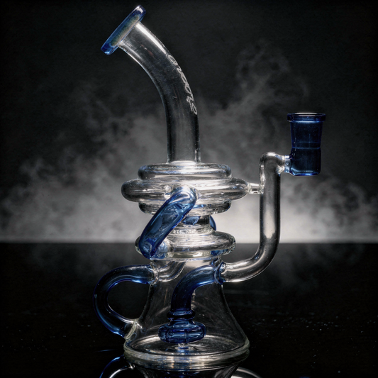 An Encore 8.5-inch double uptake Klein recycler dab rig with showerhead perc
