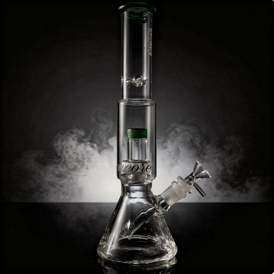 A thick Encore pounder beaker bong with color accents and a perc