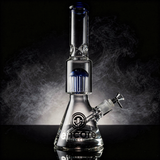 An Encore beaker bong with blue color accents