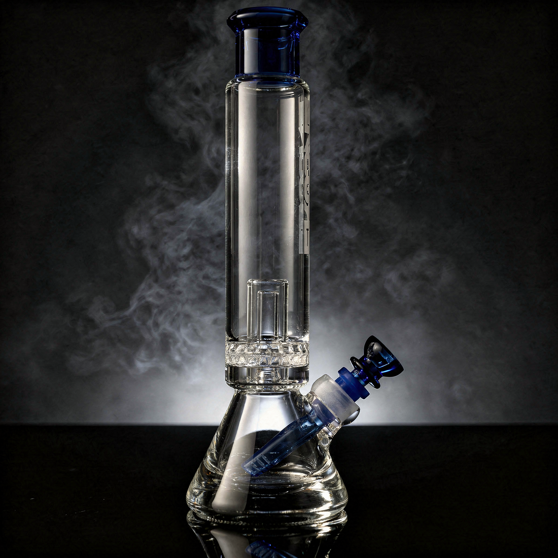 An Encore double chamber ratchet perc pounder beaker bong