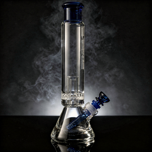 An Encore double chamber ratchet perc pounder beaker bong