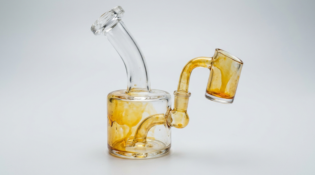 A dab rig with amber reclaim oil residue coating the chamber and banger
