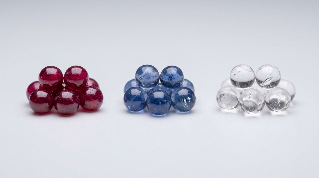 Red ruby, blue sapphire and clear quartz terp pearls grouped separately