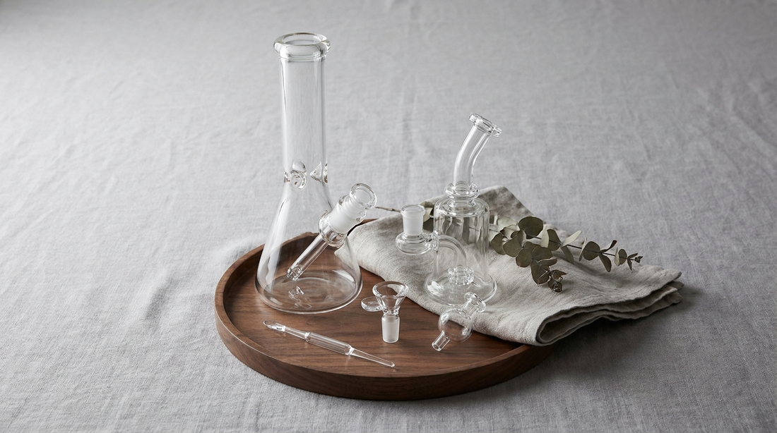Gift arrangement of a glass beaker bong, dab rig and accessories on a wooden tray