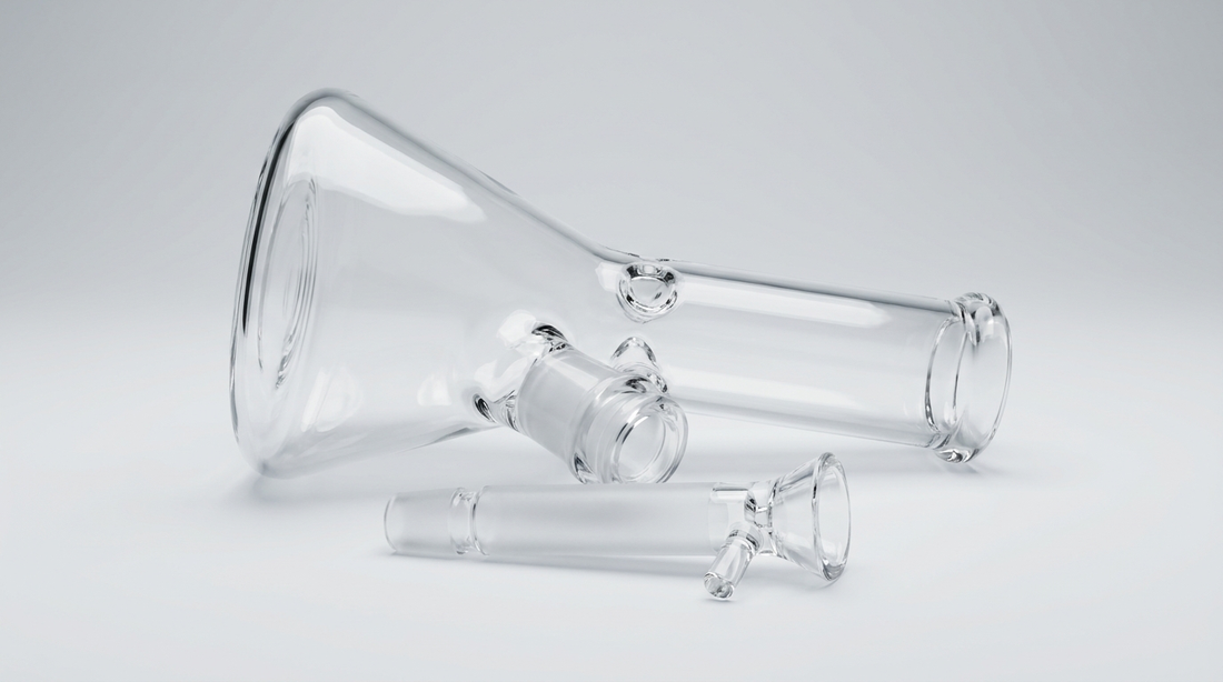 A glass bong with its downstem and bowl removed and resting beside the joint