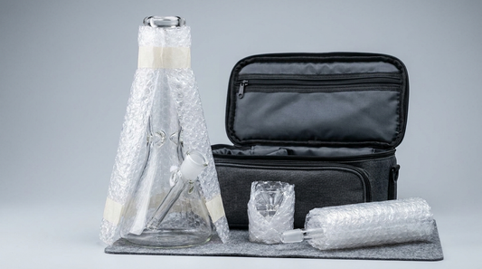 A glass beaker bong wrapped in bubble wrap next to a padded travel bag, packed for travel