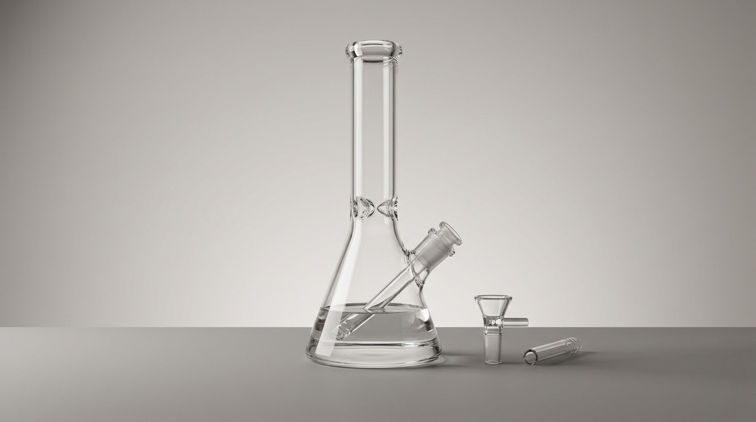 Clear glass beaker bong with its bowl slide and downstem laid beside it